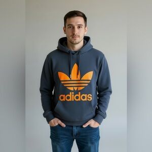 Vintage Adidas Originals Trefoil Hoodie - Navy Blue & Orange - Size Small